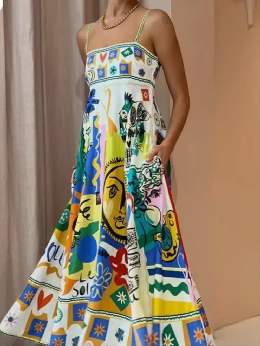 Colorful Graphic Maxi Sun Dress with Straps small folk print